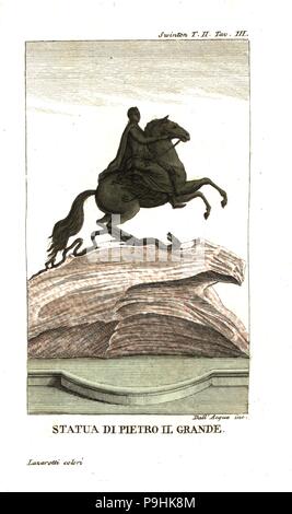 The Bronze Horseman, statue of Peter the Great in St. Petersburg, Russia. Illustration from Andrew Swinton’s Travels into Norway, Denmark and Russia, 1792. Copperplate engraving by Dell'Acqua handcoloured by Lazaretti from Giovanni Battista Sonzogno’s Collection of the Most Interesting Voyages (Raccolta de Viaggi Piu Interessanti), Milan, 1815-1817. Stock Photo