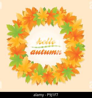 Hello autumn circle banner surrounded with frame of orange, yellow and green maple leaves on orange background Stock Vector