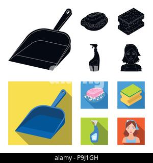 Blue scoop for garbage, pink soap with foam, sponge for washing, pulvelizer for with a means for windows. Cleaning set collection icons in black, flat Stock Vector