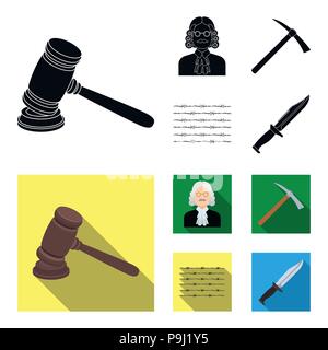 Judge, wooden hammer, barbed wire, pickaxe. Prison set collection icons in black, flat style vector symbol stock illustration . Stock Vector