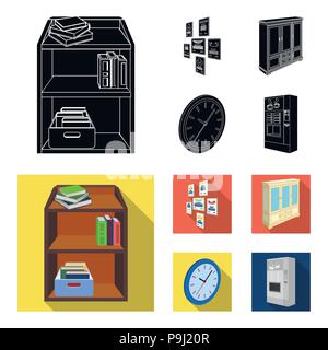Cabinet, shelving with books and documents, frames on the wall, round clocks. Office interior set collection icons in black,flat style isometric vecto Stock Vector