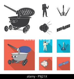 Lunokhod, space suit, rocket launch, artificial Earth satellite. Space technology set collection icons in black,flat style vector symbol stock illustr Stock Vector