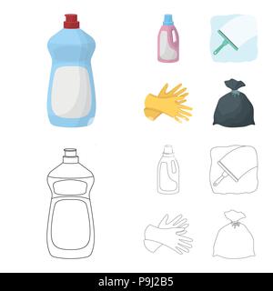 Gel for washing in a pink bottle, yellow gloves for cleaning, a brush for glass, a black bag for garbage or waste. Cleaning set collection icons in ca Stock Vector