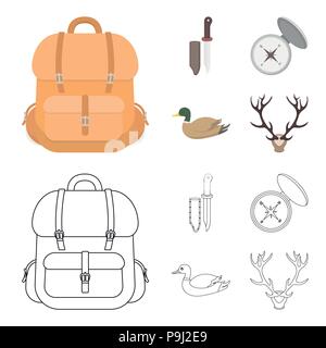 Knife with a cover, a duck, a deer horn, a compass with a lid.Hunting set collection icons in cartoon,outline style vector symbol stock illustration . Stock Vector