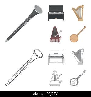 Banjo, piano, harp, metronome. Musical instruments set collection icons in cartoon,outline style vector symbol stock illustration . Stock Vector