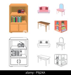 Soft sofa, toilet make-up table, dining table, shelving for laundry and detergent. Furniture and interior set collection icons in cartoon,outline styl Stock Vector
