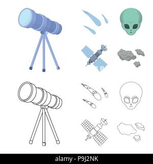 Asteroid, car, meteorite, space ship, station with solar batteries, the face of an alien. Space set collection icons in cartoon,outline style vector s Stock Vector