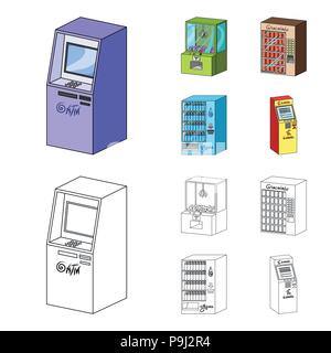 A game machine, a ticket sales terminal, an automaton for selling aqua and chocolate. Terminals set collection icons in cartoon,outline style isometri Stock Vector