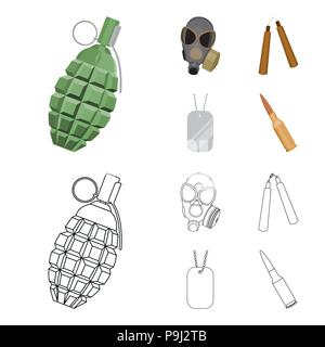 Gas mask, nunchak, ammunition, soldier token. Weapons set collection icons in cartoon,outline style vector symbol stock illustration . Stock Vector