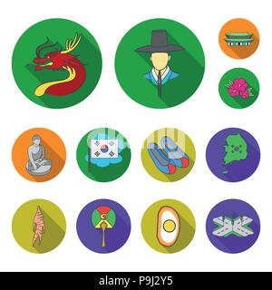 Country South Korea flat icons in set collection for design.Travel and attraction vector symbol stock  illustration. Stock Vector