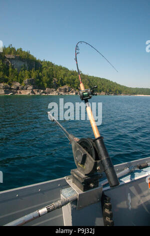 Sport fish boat troll fishing for salmon using downriggers and