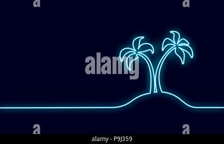 Neon sign single continuous line art coconut tree palm. Tropic paradise island landscape design one sketch outline signboard light banner drawing vect Stock Vector