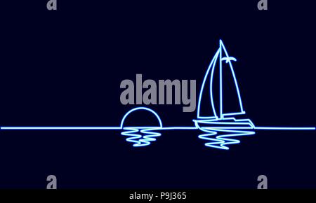 Neon sign single continuous one line art sunny ocean travel vacation. Sea voyage ship yacht luxury journey sunset concept design sketch outline light  Stock Vector