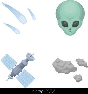 Asteroid, car, meteorite, space ship, station with solar batteries, the face of an alien. Space set collection icons in cartoon style vector symbol st Stock Vector