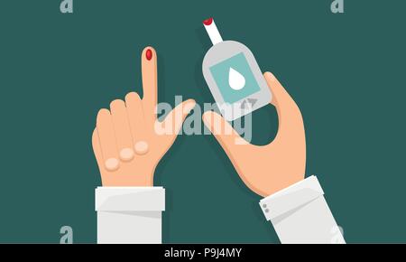 Diabetes concept, man holds in hand the meter measures the blood sugar level Stock Vector