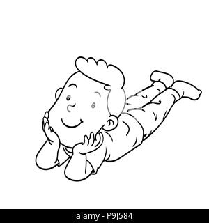 Hand drawn of a laying boy. Coloring book  educational for kids,  Coloring Cartoon Illustration. Stock Vector