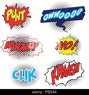 Set of Comic expression Text on dot half tone, Comic sound effects. Sound bubble speech with word and comic cartoon expression sounds illustration. Po Stock Vector