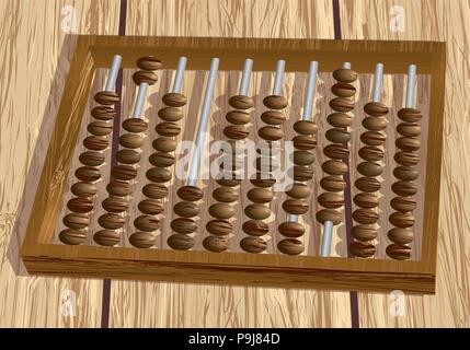 dark retro abacus on wooden table Stock Vector