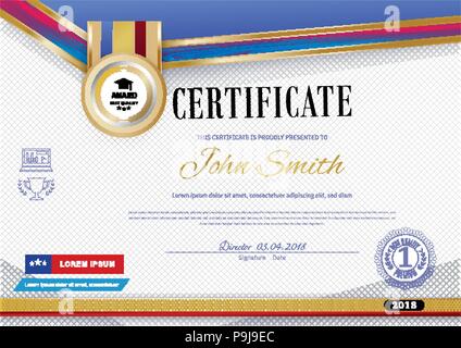 Official white certificate with red violet ribbons and education design elements, graduatioin cap, cup. Clean modern design.. Afstract background. Sheet in a cage. Colors of American flag and stars Stock Vector