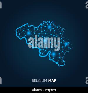 Map of Belgium made with connected lines and glowing dots. Stock Vector
