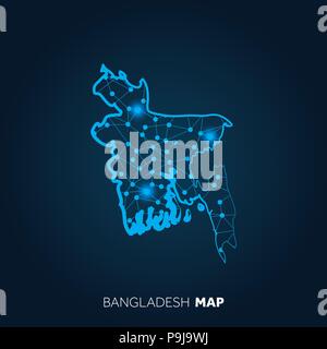 Map of Bangladesh made with connected lines and glowing dots. Stock Vector