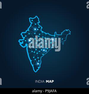 Map of India made with connected lines and glowing dots. Stock Vector