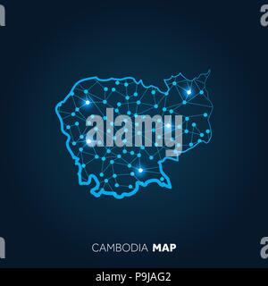 Map of Cambodia made with connected lines and glowing dots. Stock Vector