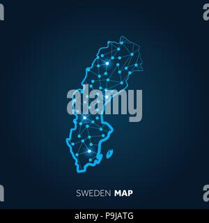 Map of Sweden made with connected lines and glowing dots. Stock Vector