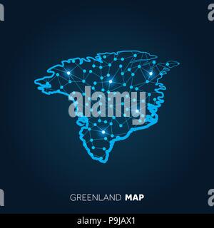 Map of Greenland made with connected lines and glowing dots. Stock Vector