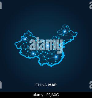 Map of China made with connected lines and glowing dots. Stock Vector