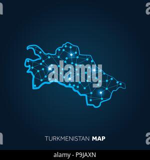 Map of Turkmenistan made with connected lines and glowing dots. Stock Vector