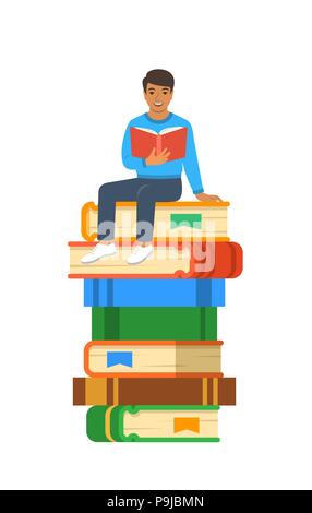 Young Indian boy student reads open book sitting on stack of giant books. High school education concept. Vector cartoon illustration. Exam preparation Stock Vector