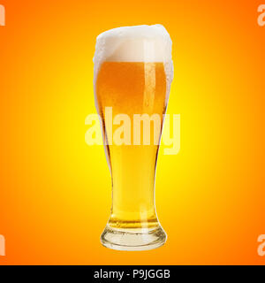 glass of cold beer with foam, clipping path, bubbles in a drink, on abstract orange background, isolated Stock Photo