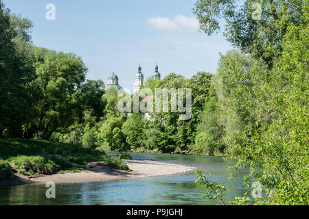 The floodplain of the Iller in Kempten with the Basilica of St. Lawrence Stock Photo