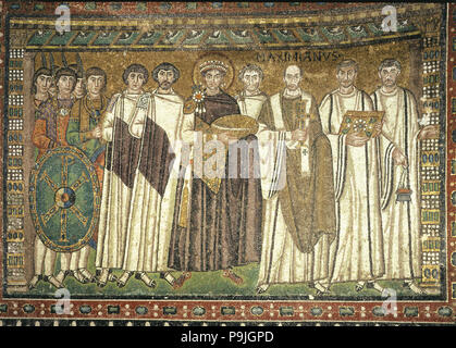 Justinian and his entourage', Mosaic Church of San Vitale in Ravenna. Stock Photo