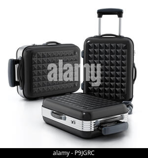 Black hardcase suitcases isolated on white background. 3D illustration. Stock Photo