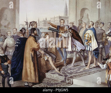 Galileo Galilei (1564 - 1642), Italian astronomer and physicist showing his invention of the tele… Stock Photo