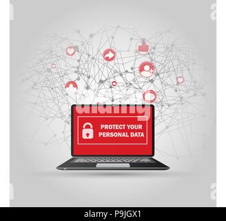 Abstract Connections and Personal Data Protection Concept Design with Laptop Computer, Wireless Mobile Device, Transparent Geometric Mesh - Illustration in Editable Vector Format Stock Vector