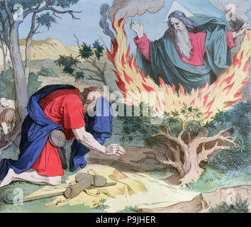 God appears to Moses in a burning bramble, engraving, 1860. Stock Photo