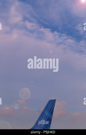 Jetblue passenger airplane  tailfin, Logan International Airport, Mass, North America, US, USA Stock Photo