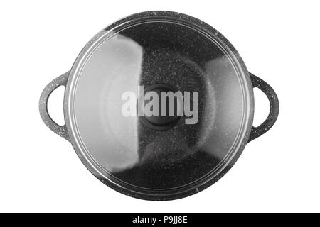 black pan, frying pan, glass cover, clipping path, isolated on white background Stock Photo