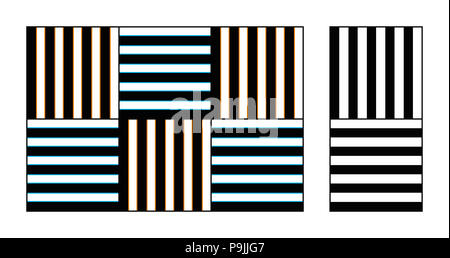 Watercolor optical illusion on gratings. The thin blue and orange lines along the vertical and horizontal gratings appear to spread over the black. Stock Photo