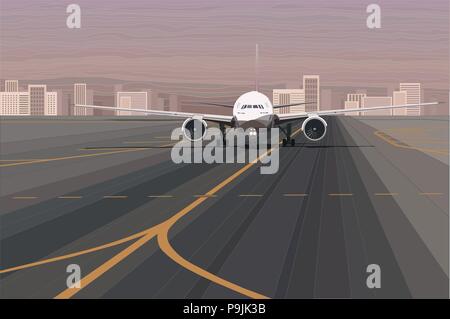 White passenger airplane on the airport runway vector illustration Stock Vector