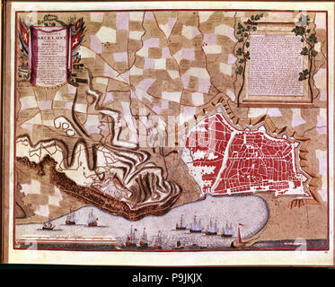 Map of the city of Barcelona in 1706, during the siege of the French fleet to coincide with the c… Stock Photo