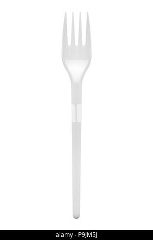 Disposable white plastic fork, clipping path, isolated on white  Stock Photo
