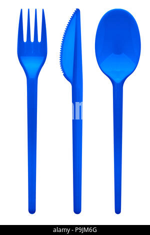 Disposable blue plastic fork, knife, spoon, clipping path, isolated on white background Stock Photo