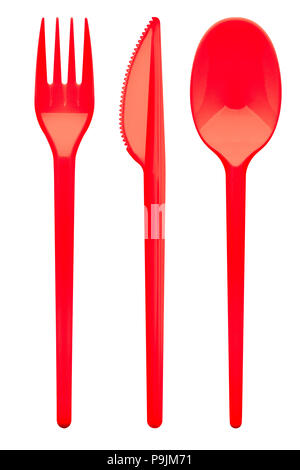 Disposable red plastic fork, knife, spoon, clipping path, isolated on white background Stock Photo