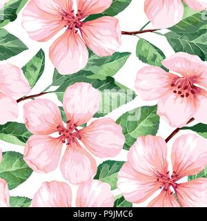 Seamless pattern with blossoming apple tree flowers. Elegance vintage endless texture in watercolor style on white background. Stock Vector