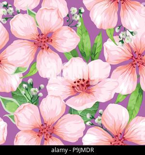 Seamless pattern with blossoming apple tree flowers. Elegance vintage endless texture in watercolor style on white background. Stock Vector