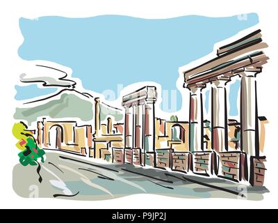 vector illustration of the excavations of Pompeii with Vesuvius in the background Stock Vector